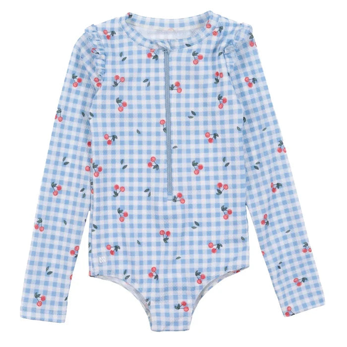 Cherries Blue Gingham Rashguard Swimsuit