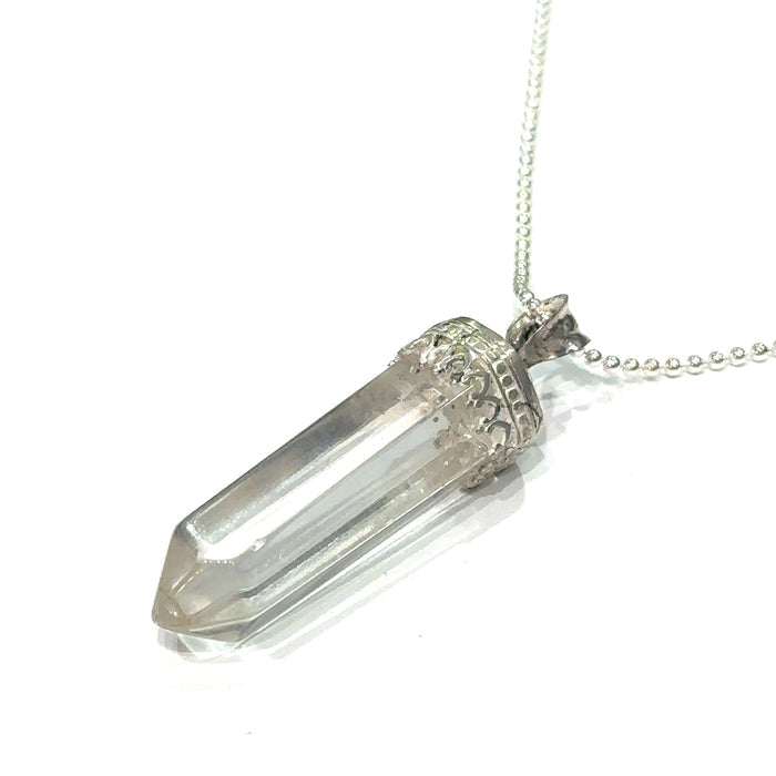 "Master Healer Clear Quartz necklace for clarity and awareness" on white long angle overview