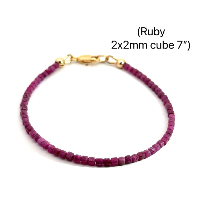 One 7'' Ruby Gemstone Beaded bracelet 2x2mm faceted cube w/GF lobster claw