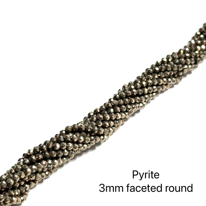 One Pyrite 3mm faceted round 12'' gemstone strand -new