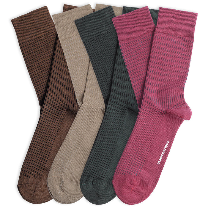 4-pack Originals Fine Rib Socks Brown/Khaki/Green/Bordeaux - Democratique Socks
