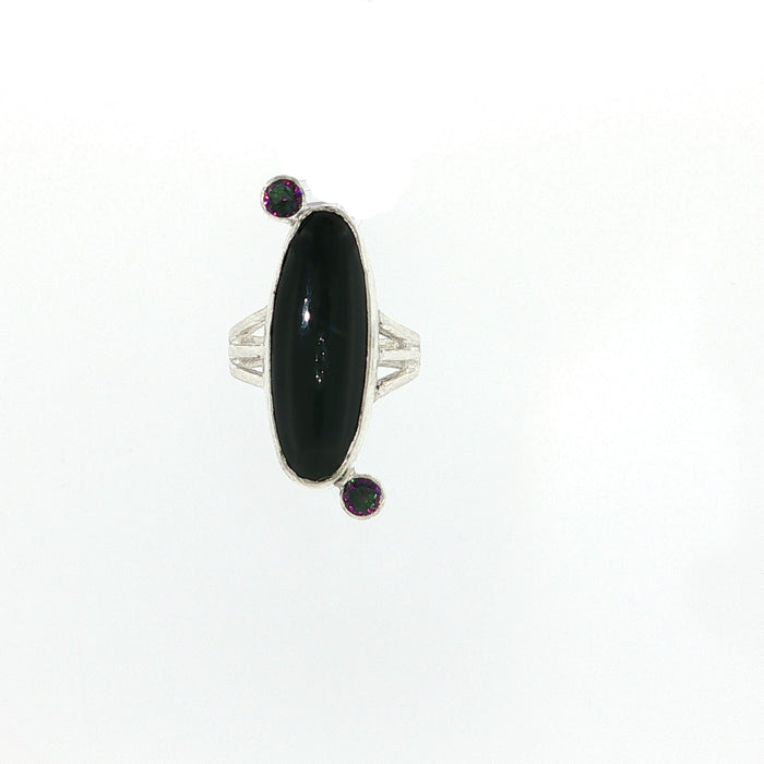 Black Obsidian and Mystic Topaz Sterling Silver Ring Size 7, Split Shank, Bezel-Set Oval Black Obsidian, Tube-Set Mystic Topaz