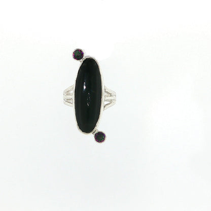 Black Obsidian and Mystic Topaz Sterling Silver Ring Size 7, Split Shank, Bezel-Set Oval Black Obsidian, Tube-Set Mystic Topaz