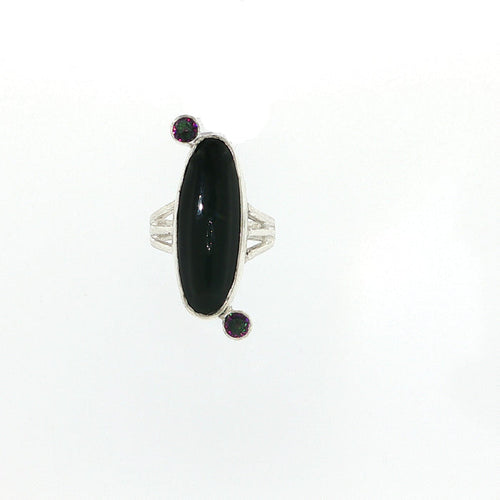 Black Obsidian and Mystic Topaz Sterling Silver Ring Size 7, Split Shank, Bezel-Set Oval Black Obsidian, Tube-Set Mystic Topaz