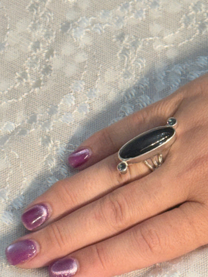 Black Obsidian and Mystic Topaz Sterling Silver Ring Size 7, Split Shank, Bezel-Set Oval Black Obsidian, Tube-Set Mystic Topaz