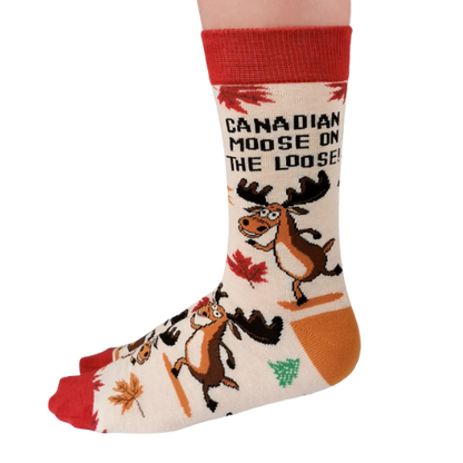 Cozy Canadian Moose Socks by Uptown Sox featuring a bold moose design and vibrant colors, perfect for outdoor lovers and Canadian enthusiasts.