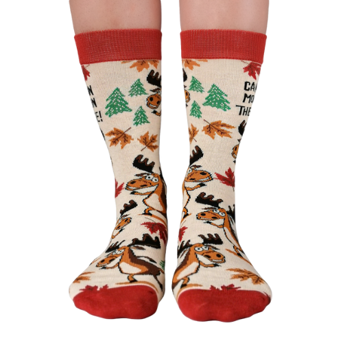 Cozy Canadian Moose Socks by Uptown Sox featuring a bold moose design and vibrant colors, perfect for outdoor lovers and Canadian enthusiasts.