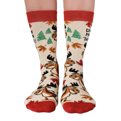 Cozy Canadian Moose Socks by Uptown Sox featuring a bold moose design and vibrant colors, perfect for outdoor lovers and Canadian enthusiasts.