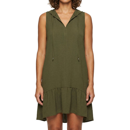 Cover Me Sleeveless Hooded Cover Up with Ruffle Hem 24052582 Khaki Front