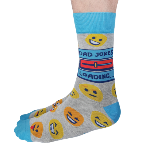 Dad Jokes socks featuring playful designs with classic dad humor and puns, perfect for fans of dad jokes.