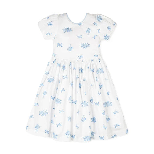 Delft Blue Floral Organic Puff Sleeve Dress