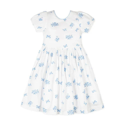 Delft Blue Floral Organic Puff Sleeve Dress