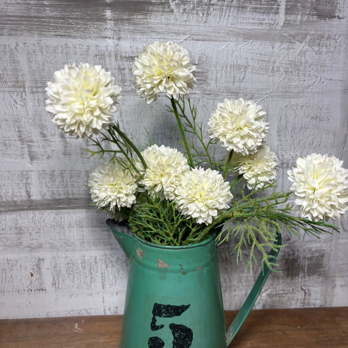 Distressed Green Farmhouse Pitcher with Faux White Flowers