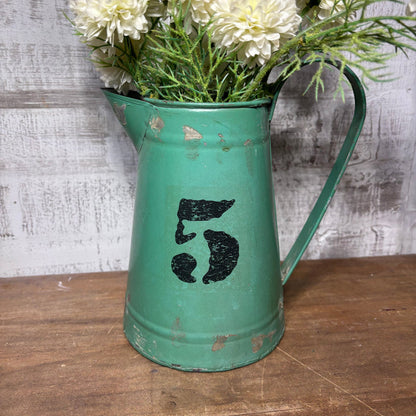 Distressed Green Farmhouse Pitcher with Faux White Flowers