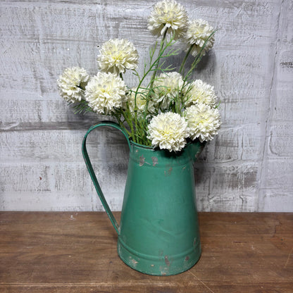 Distressed Green Farmhouse Pitcher with Faux White Flowers