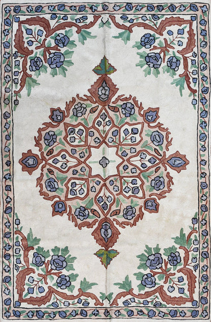 Floral 2ftx3ft Decorative Cream Handmade Wall Hanging Tapestry Rug Art Silk - KashmirDesigns