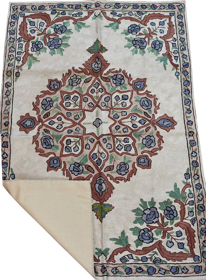 Floral 2ftx3ft Decorative Cream Handmade Wall Hanging Tapestry Rug Art Silk - KashmirDesigns