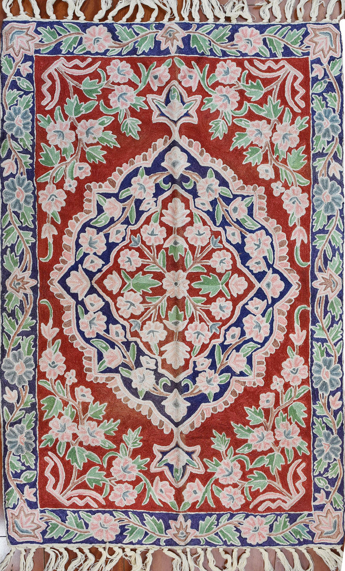 Floral 2ftx3ft Decorative Red Blue Handmade Wall Hanging Tapestry Rug Art Silk - KashmirDesigns