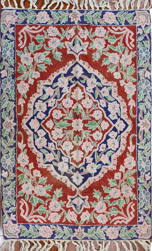 Floral 2ftx3ft Decorative Red Blue Handmade Wall Hanging Tapestry Rug Art Silk - KashmirDesigns