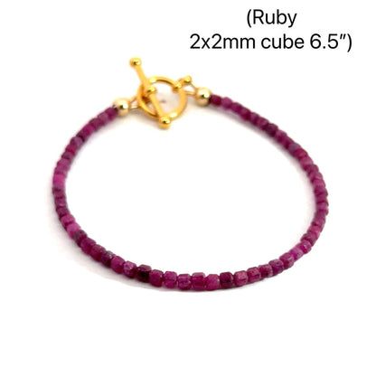 One 6.5'' Ruby Gemstone beaded bracelet 2x2mm faceted cube w/vermeil toggle  - new