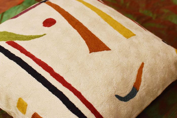 Kandinsky Off White Elements Accent Pillow Cover Handembroidered Wool 18"x18" - KashmirDesigns