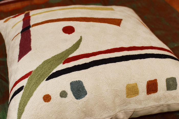 Kandinsky Off White Elements Accent Pillow Cover Handembroidered Wool 18"x18" - KashmirDesigns