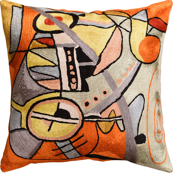 Kandinsky Symphony III Orange Pillow Cover Handembroidered Art Silk 18"x18" - KashmirDesigns