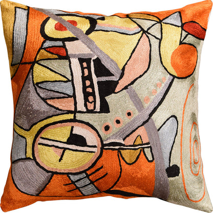 Kandinsky Symphony III Orange Pillow Cover Handembroidered Art Silk 18"x18" - KashmirDesigns