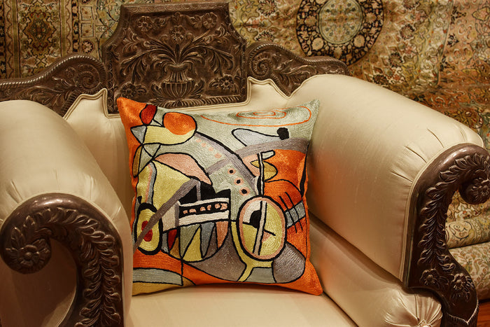 Kandinsky Symphony III Orange Pillow Cover Handembroidered Art Silk 18"x18" - KashmirDesigns