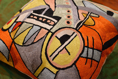 Kandinsky Symphony III Orange Pillow Cover Handembroidered Art Silk 18"x18" - KashmirDesigns