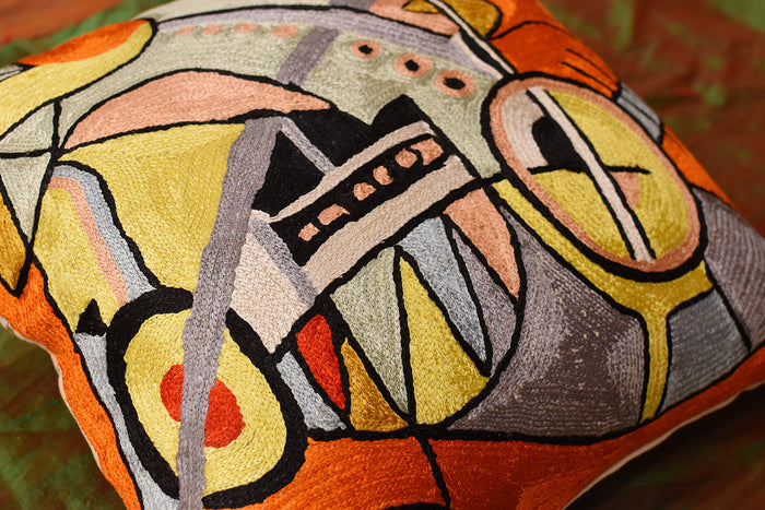 Kandinsky Symphony III Orange Pillow Cover Handembroidered Art Silk 18"x18" - KashmirDesigns