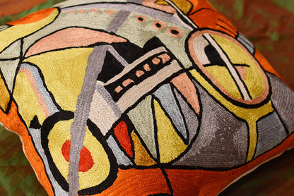 Kandinsky Symphony III Orange Pillow Cover Handembroidered Art Silk 18"x18" - KashmirDesigns