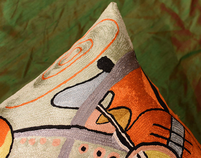 Kandinsky Symphony III Orange Pillow Cover Handembroidered Art Silk 18"x18" - KashmirDesigns