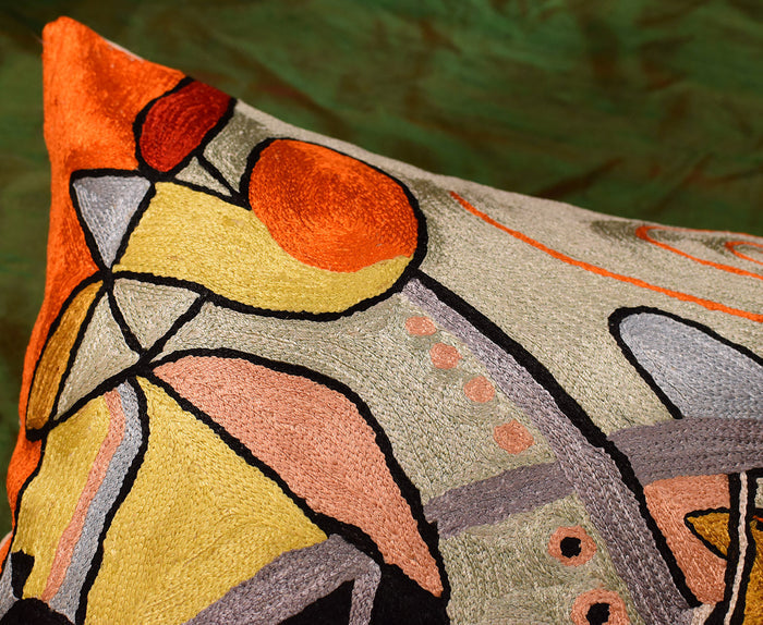 Kandinsky Symphony III Orange Pillow Cover Handembroidered Art Silk 18"x18" - KashmirDesigns