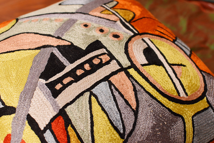 Kandinsky Symphony III Orange Pillow Cover Handembroidered Art Silk 18"x18" - KashmirDesigns