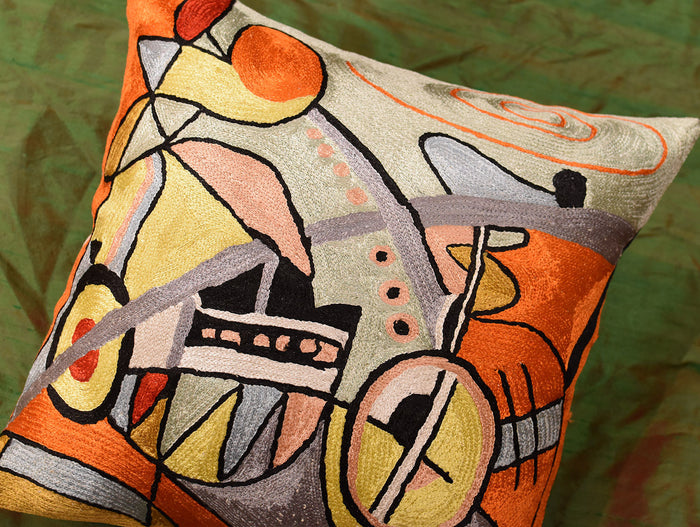 Kandinsky Symphony III Orange Pillow Cover Handembroidered Art Silk 18"x18" - KashmirDesigns