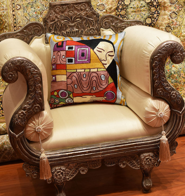 Klimt Embrace Decorative Pillow Cover Handembroidered Art Silk 18"x18" - KashmirDesigns