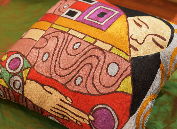 Klimt Embrace Decorative Pillow Cover Handembroidered Art Silk 18"x18" - KashmirDesigns