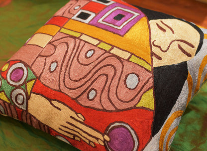 Klimt Embrace Decorative Pillow Cover Handembroidered Art Silk 18"x18" - KashmirDesigns