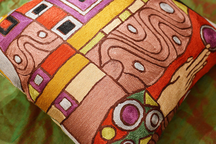 Klimt Embrace Decorative Pillow Cover Handembroidered Art Silk 18"x18" - KashmirDesigns