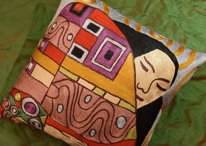 Klimt Embrace Decorative Pillow Cover Handembroidered Art Silk 18"x18" - KashmirDesigns