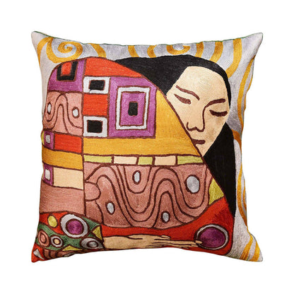 Klimt Embrace Decorative Pillow Cover Handembroidered Art Silk 18"x18" - KashmirDesigns