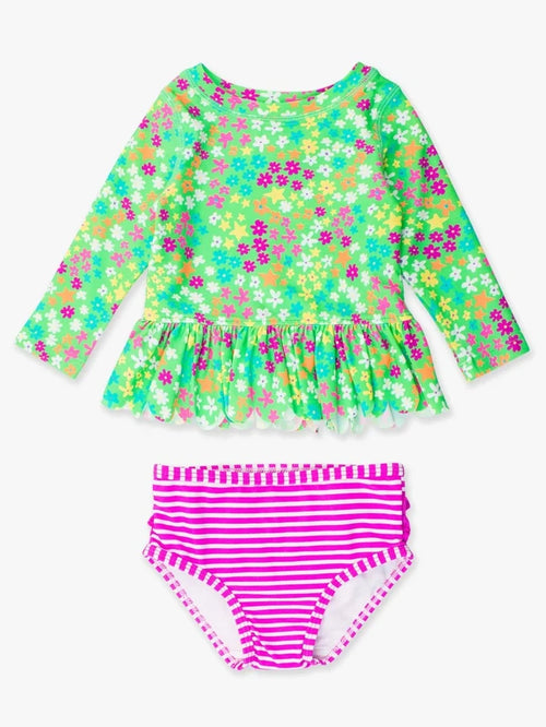 Neon Floral Scallop Hem Bikini Rash Guard Set