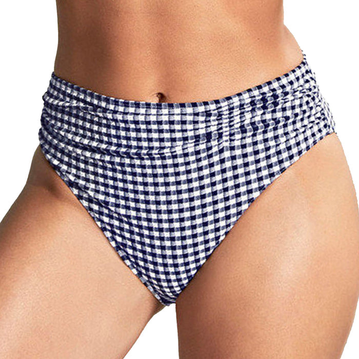 Panache Midi Gingham Gathered Bikini Bottoms SW1729 Navy Gingham Front