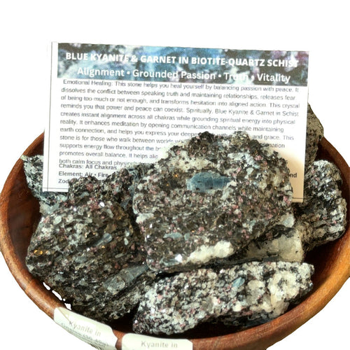 Blue Kyanite in Gneiss gemstone specimen in a wooden bowl with descriptive card on a white background, front view.