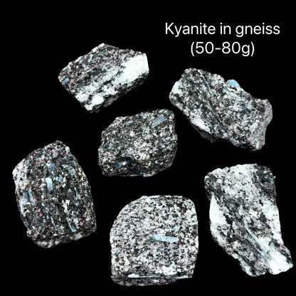 Kyanite in gneiss crystals on a black background with text indicating weight range (50-80g), front view.
