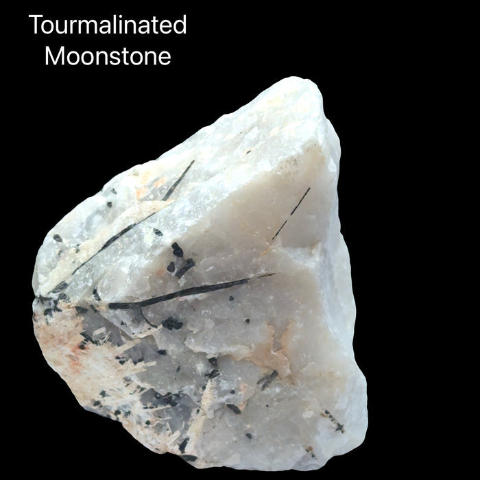 An Extra large raw tourmalinated moonstone specimen 4 pounds with black tourmaline needles through pearlescent white moonstone on a black background, front view.